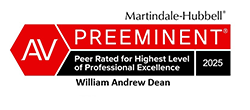 Badge of Martindale-Hubbell AV Preeminent | Peer Rated for Highest Level of Professional Excellence 2025 | William Andrew Dean